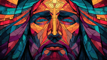An intense, abstract close-up of the face of Jesus Christ, rendered in a striking stained-glass style with a focus on warm, autumnal tones like orange, yellow, and deep purple, emphasizing his eyes and solemn expression. This image is ideal for conceptual religious themes, contemporary church art, and dramatic graphic applications.の素材