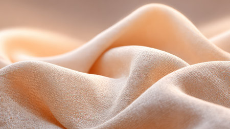 A close-up, full-frame image of a warm beige or light tan linen fabric, featuring soft, flowing folds and delicate wrinkles. The natural texture and weave of the textile are highlighted by soft, warm lighting. This image is an excellent background for fashion, home decor, organic and sustainable product packaging, blog content, and any design aiming for a natural, cozy, and earthy aesthetic. It embodies the trend toward authenticity and natural textures, offering a calming and versatile neutral backdrop.の素材