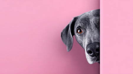 A frightened or shy puppy, possibly a German Shepherd mix, is captured peeking cautiously from behind a textured corner, set against a soft, pastel orange and peach background with significant copy space. This expressive image is ideal for pet-related content, themes of anxiety, caution, or surprise, and warm, inviting marketing materials.の素材