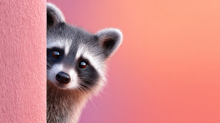 A cute, mischievous raccoon with its characteristic mask is captured peeking cautiously from behind a textured pink corner, set against a soft, pastel pink and orange background with copy space. This charming image is ideal for nature-themed content, themes of curiosity, mischief, or surprise, and playful marketing materials.の素材