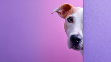 A frightened or shy puppy, possibly a German Shepherd mix, is captured peeking cautiously from behind a textured corner, set against a soft, pastel orange and peach background with significant copy space. This expressive image is ideal for pet-related content, themes of anxiety, caution, or surprise, and warm, inviting marketing materials.の素材
