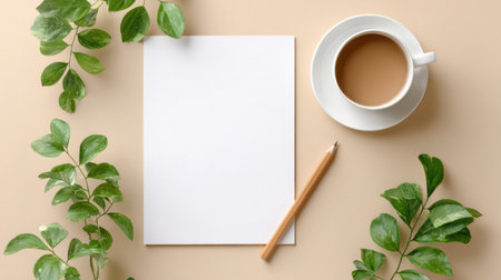 A vibrant and clean flat lay featuring a blank white A4 paper sheet, a gold pencil, a coffee latte with art, and tropical monstera and palm leaves on a minimalist beige background, perfect for showing documents, graphic design, or creative workspace concepts.の素材