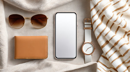 A chic, neutral flat lay featuring a blank smartphone screen surrounded by luxury accessories like a gold watch, sunglasses, and wallet on a draped beige fabric, perfect for showcasing mobile app design, fashion branding, or e-commerce websites.の素材