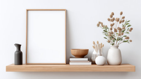 A serene and minimalist vertical poster frame mockup with a wooden border, surrounded by natural spa and wellness elements like bamboo vases, white flowers, and smooth zen stones, ideal for showcasing art prints, wellness center branding, or interior decor concepts.の素材