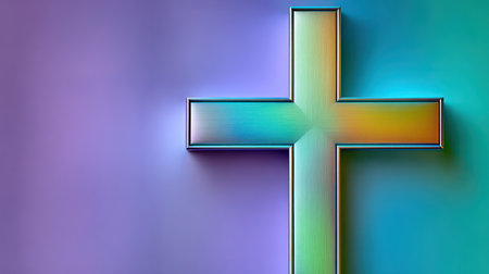 Minimalist 3D metallic cross with brushed texture against a purple-blue gradient backdrop.の素材