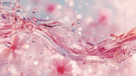 Pink flowers submerged and floating in transparent water creating swirling patterns with air bubbles and liquid motion.の素材