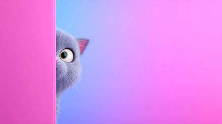A shy, gray-blue cat with bright green eyes is captured peeking cautiously from behind a purple corner, set against a vibrant pink background with ample copy space. This expressive image is ideal for pet-related content, themes of curiosity, shyness, or surprise, and colorful marketing materials.の素材