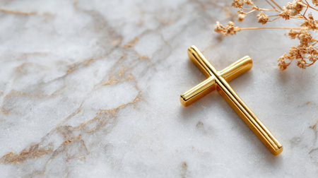 A small, elegant golden cross rests on a clean, white marble surface, creating a minimalist and luxurious composition that symbolizes faith, purity, and reverence. This image is ideal for high-end religious branding, Easter greeting cards, funeral programs, and spiritual luxury publications.の素材