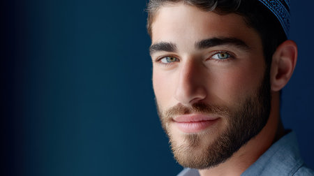 Close-up portrait of smiling young Jewish man, beard, and kippah in natural light.の素材