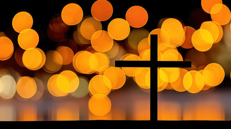 A powerful silhouette of a Christian cross stands against a vibrant, golden sunrise or sunset with beautiful bokeh lights, symbolizing hope, resurrection, and new beginnings. This image is perfect for Easter services, religious publications, inspirational social media posts, and church bulletinsの素材