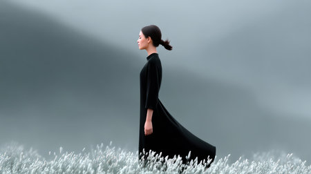 Woman walking through a field of flowers in the wind, artistic style.の素材