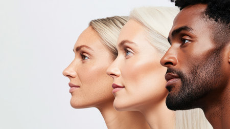 young adults with varying skin tones from dark to light stand in close profile view, gazing forward with smooth complexions against a white background.の素材