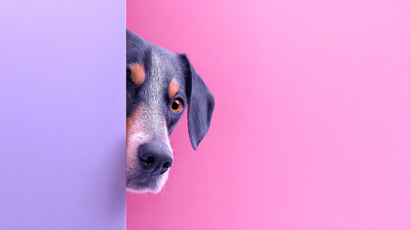 A frightened or shy puppy, possibly a German Shepherd mix, is captured peeking cautiously from behind a textured corner, set against a soft, pastel orange and peach background with significant copy space. This expressive image is ideal for pet-related content, themes of anxiety, caution, or surprise, and warm, inviting marketing materials.の素材