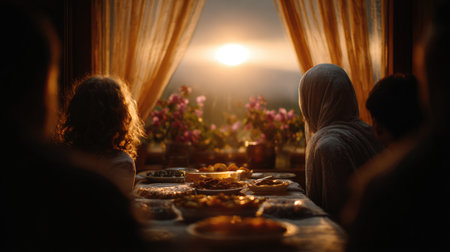 A warm, intimate scene of a family gathered around a dining table filled with food, breaking their fast (Iftar) during Ramadan, with the sunset glowing dramatically through the window, creating a beautiful silhouette effect. This image is excellent for content on family, culture, religious traditions, and the spiritual significance of Iftar.の素材