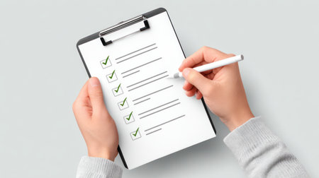 A top-down view of hands marking a fully checked paper checklist on a clipboard with a pencil, set against a clean background, representing thorough task management, business planning, and organizational efficiency. This image is ideal for corporate training, project management, and productivity software marketingの素材