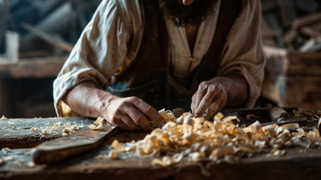 A photorealistic, dramatic close-up of Jesus Christ's hands working diligently to shape a piece of wood with a tool in a dimly lit, rustic carpentry workshop, emphasizing his humanity and humble beginnings. This image is ideal for religious publications, historical studies, and content on work ethics and faith.の素材