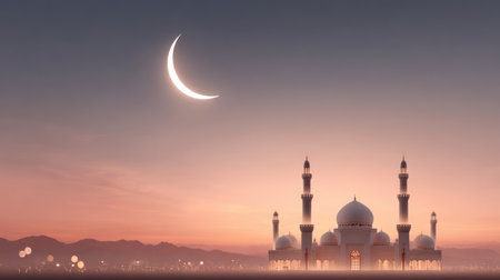 An elegant and spiritual background for Ramadan, featuring a mosque silhouette with minarets, a glowing crescent moon, and soft, warm bokeh lights against a beautiful sunset sky of purple, pink, and gold. This image is ideal for greeting cards, social media posts, and banners for the holy month of Ramadan and Eid al-Fitr celebrations.の素材