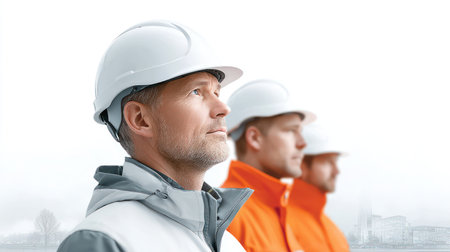 A silhouetted group of professionals in hard hats and vests collaborate with blueprints against a foggy city skylineの素材