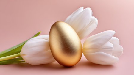 A clean, minimalist composition featuring a single golden Easter egg next to a bouquet of white tulips on a soft pink background, perfect for elegant product photography, sophisticated holiday promotions, and chic spring design templates.の素材