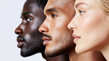 young adults with varying skin tones from dark to light stand in close profile view, gazing forward with smooth complexions against a white background.の素材