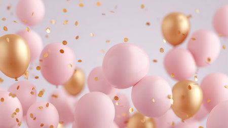 A vibrant, abstract background filled with floating golden and pink balloons and sparkling confetti, creating a festive and joyful atmosphere with a central area for text or product placement. This image is perfect for birthday invitations, party announcements, sales promotions, and any celebratory marketing material.の素材