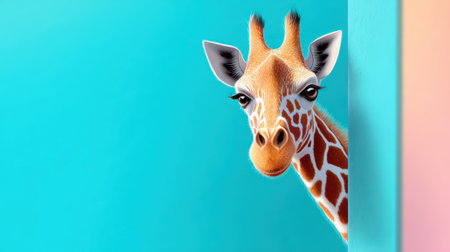 A curious giraffe with striking patterned fur is captured peeking from behind a bright pink corner, set against a vibrant purple and orange gradient background with ample copy space. This eye-catching image is perfect for travel, safari, children's education, and bold, colorful graphic design.の素材