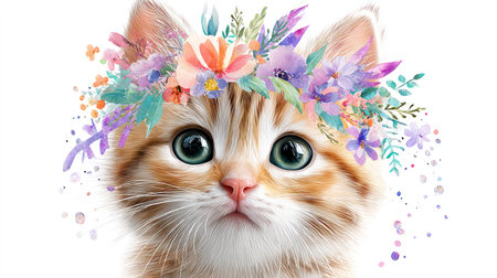 A close-up portrait of a sweet baby kitten cartoon with striking green eyes, adorned with a delicate watercolor floral wreath in pastel shades of purple, pink, and green, set against a clean white background. This image is perfect for spring and summer themes, Mother's Day, and charming, feminine designs.の素材