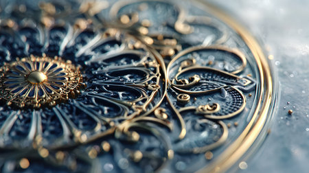 A macro close-up of an intricate, luxurious Islamic geometric pattern rendered in silver and gold metallic textures, featuring a central rosette design and a soft, sparkling bokeh effect. This image is perfect for high-end jewelry, cosmetic, or financial marketing, and as a sophisticated, detailed background for spiritual content.の素材