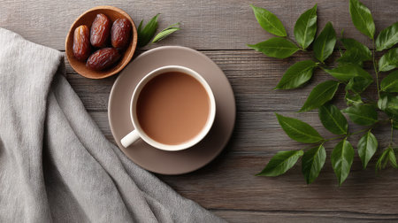 A beautifully composed flat lay of essential Ramadan items, including a Quran, wooden prayer beads (Tasbih), dates, and a cup of tea, arranged on a rustic, distressed blue wooden background with ample copy space. This image is ideal for spiritual blogs, social media posts, and content on the practices and traditions of the holy month.の素材