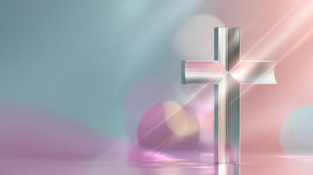 A glowing silver cross with radiant light beams set against a soft pastel pink and blue background, evoking spiritual serenity.の素材