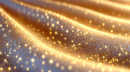 A macro close-up of an abstract background featuring flowing, three-dimensional waves of rich gold, dusted with sparkling white and gold glitter particles, creating a sense of movement and luxury. This image is perfect for high-end cosmetic, jewelry, or financial marketing, and as a luxurious texture or wallpaper.の素材