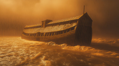 A dramatic, photorealistic image of Noah's Ark floating on the turbulent, stormy water amidst pouring rain and dark clouds during the Great Flood, symbolizing divine judgment, salvation, and the biblical narrative of faith and survival. This image is perfect for religious education, biblical studies, and conceptual art on faith.の素材