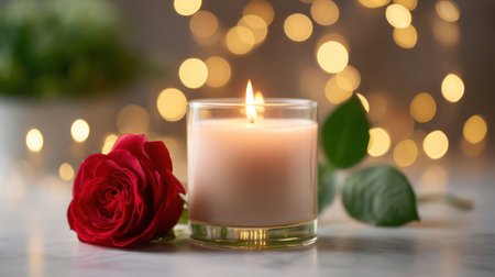 A warm and intimate close-up of a lit candle in a glass holder next to a deep red rose, set against a blurred background of warm golden bokeh lights, ideal for romantic dinner invitations, cozy lifestyle blogs, and intimate holiday marketing.の素材