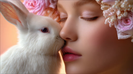 An extremely close-up, high-detail portrait of a woman's face with soft makeup and a pink floral headpiece, gently touching noses with a fluffy white rabbit, conveying a sense of tenderness and intimate connection. This image is perfect for themes of beauty, nature, Easter, spring, and the bond between women and animals.の素材