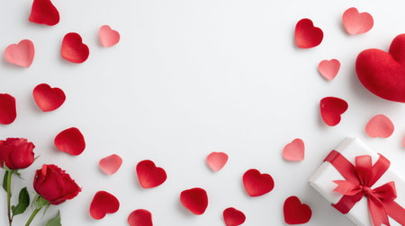 A cheerful and vibrant flat lay composition featuring a white center copy space framed by red velvet hearts, scattered rose petals, and red and white gift boxes, excellent for holiday greeting cards, e-commerce promotions, and DIY craft blogs.の素材