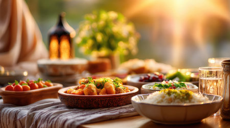 A close-up, appetizing view of a dining table laden with traditional food, including bread and savory dishes, prepared for the Iftar meal, with the warm, golden light of the sunset streaming in from the background. This image is perfect for food blogs, recipe books, cultural articles, and marketing related to Ramadan cuisine.の素材