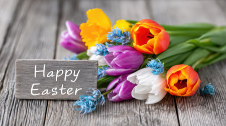 Colorful spring tulips with a wooden Happy Easter sign on a rustic surface, perfect for seasonal branding, blog headers, and greeting cards. The natural textures and vivid flowers express warmth, renewal, and joyの素材
