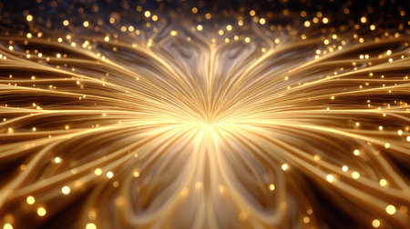 A dramatic, abstract background featuring a large, intricate golden floral or mandala pattern, from which powerful light rays emanate, surrounded by golden glitter particles against a deep black backdrop. This image is perfect for spiritual, luxury, and high-end event promotions, especially for Ramadan and Eid.の素材