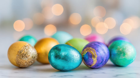 A close-up still life of modern Easter eggs painted in metallic tones of copper, teal, and soft mint green, with a subtle speckled texture, arranged on a white wooden table against a soft-focus white and golden bokeh background. This image is ideal for contemporary Easter promotions and luxury holiday advertising.の素材