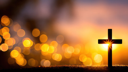 A powerful silhouette of a Christian cross stands against a vibrant, golden sunrise or sunset with beautiful bokeh lights, symbolizing hope, resurrection, and new beginnings. This image is perfect for Easter services, religious publications, inspirational social media posts, and church bulletinsの素材
