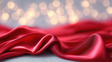 An elegant, close-up background of richly draped, silky red fabric with a soft focus and shimmering golden bokeh lights, conveying luxury and passion, ideal for high-end Valentine's Day marketing, romantic event invitations, and sophisticated product displays.の素材