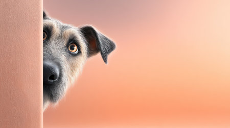 A frightened or shy puppy, possibly a German Shepherd mix, is captured peeking cautiously from behind a textured corner, set against a soft, pastel orange and peach background with significant copy space. This expressive image is ideal for pet-related content, themes of anxiety, caution, or surprise, and warm, inviting marketing materials.の素材