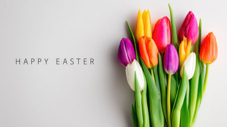 A vibrant and elegant flat lay composition featuring a beautiful bouquet of colorful spring flowers bordering a clean background with minimalist Happy Easter text. This image is ideal for high-end Easter greetings, floral-themed spring promotions, and clean, modern holiday design.の素材