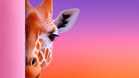A curious giraffe with striking patterned fur is captured peeking from behind a bright pink corner, set against a vibrant purple and orange gradient background with ample copy space. This eye-catching image is perfect for travel, safari, children's education, and bold, colorful graphic design.の素材