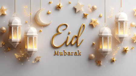A beautifully designed, elegant greeting card image for Eid Mubarak, featuring golden calligraphy, hanging white and gold lanterns, a crescent moon, stars, and decorative spheres, all set against a clean, light gray background. This image is ideal for digital and print greetings, social media posts, and holiday announcements.の素材