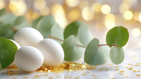An elegant Easter card background featuring a blurred field of golden bokeh lights and floating sparkles, with white eggs and fresh green eucalyptus leaves framing the top and bottom, providing a sophisticated and natural backdrop. This image is perfect for luxury Easter greetings, spring promotions, and nature-themed designs.の素材