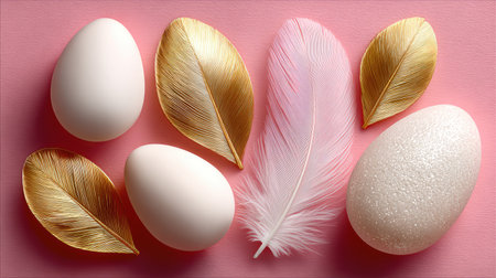 Soft, feminine still life of white eggs surrounded by wispy white feathers with gold quills on a bright pink backdrop, suited for Easter visuals, beauty and lifestyle blogs, product styling, and greeting cards; the contrast of smooth eggs and feathery texture evokes delicacy and elegance.の素材