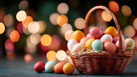 Bright and festive Easter composition with colorful speckled eggs in a basket and dreamy bokeh lights, ideal for seasonal campaigns, greeting cards, and social media visuals.の素材
