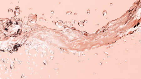 Flowing pink gel-like liquid with transparent spherical bubbles and sparkling light effects creating an abstract cosmetic texture.の素材