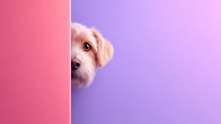 A frightened or shy puppy, possibly a German Shepherd mix, is captured peeking cautiously from behind a textured corner, set against a soft, pastel orange and peach background with significant copy space. This expressive image is ideal for pet-related content, themes of anxiety, caution, or surprise, and warm, inviting marketing materials.の素材